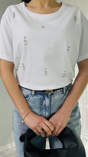 Beyaz Taş Detaylı Bisiklet Yaka T-shirt