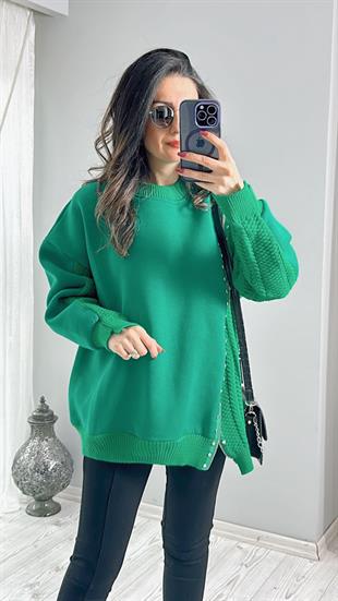 Yeşil Fermuarlı Taş Detaylı Model Tasarım Sweatshirt