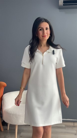 Ekru Polo Yaka Fermuarlı Modal Elbise