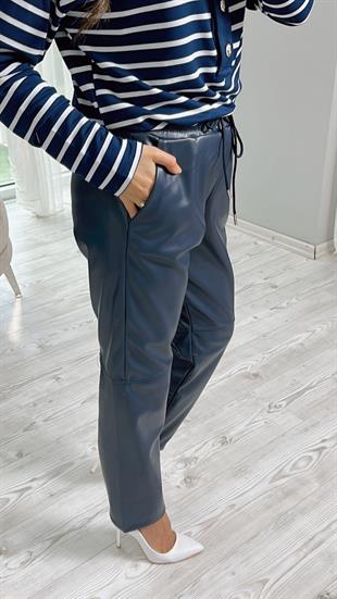 Lacivert Beli Lastikli Deri Pantolon