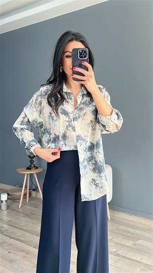 Lacivert Batik Baskılı Vual Gömlek