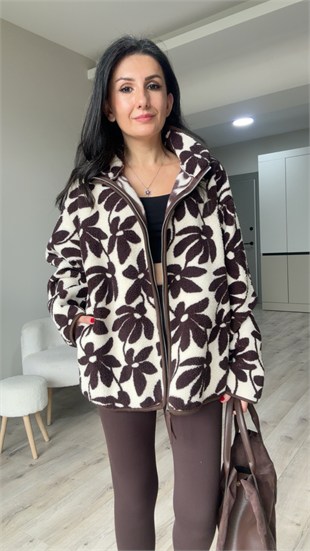 Ekru Kahve Çiçek Desenli Fermuarlı Polar Ceket