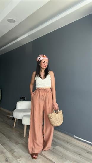 Kiremit Beli Lastikli İp bağlamalı Keten Pantolon