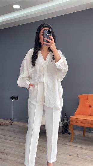 Beyaz Düşük Omuz Oversize Gömlek