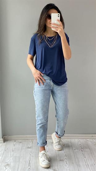 Lacivert Bisiklet Yaka Lazer Kesim Modal Kumaş T-shirt