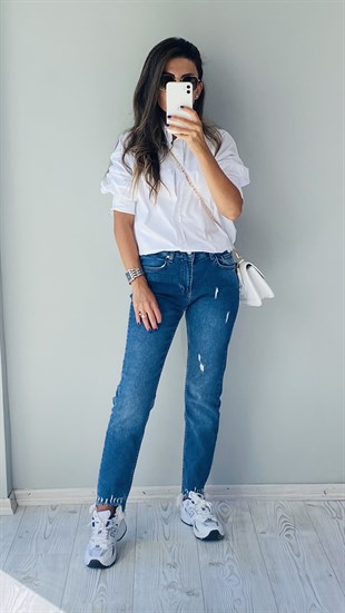 Mavi Saçaklı Slim Boyfriend