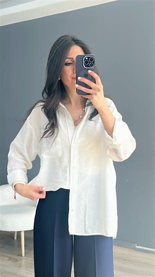 Beyaz Cepli Oversize Gömlek
