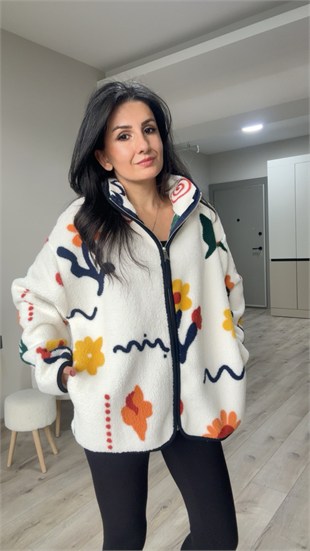 Ekru Çiçek Desenli Fermuarlı Polar Ceket