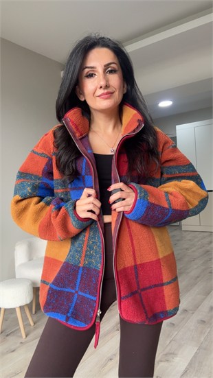 Karışık Renkli Ekose Desenli Fermuarlı Polar Ceket