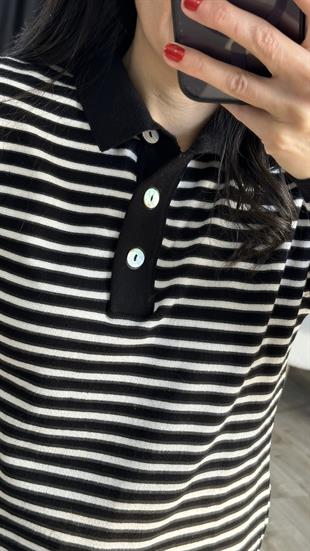 Siyah Krem Çizgili Polo Yaka Triko