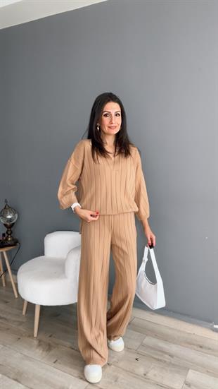 Camel Polo Yaka Fitilli Triko Takım