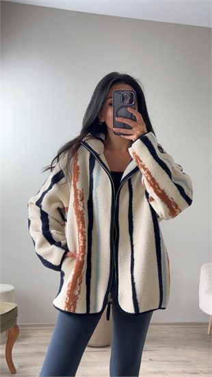 Ekru Boyuna Çizgili Fermuarlı Polar Ceket