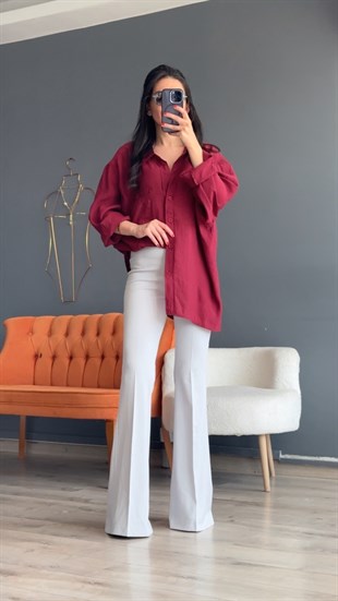 Bordo Düşük Omuz Oversize Gömlek