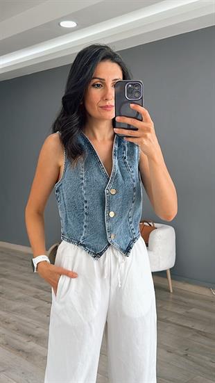 Mavi Denim V Yaka Crop Yelek