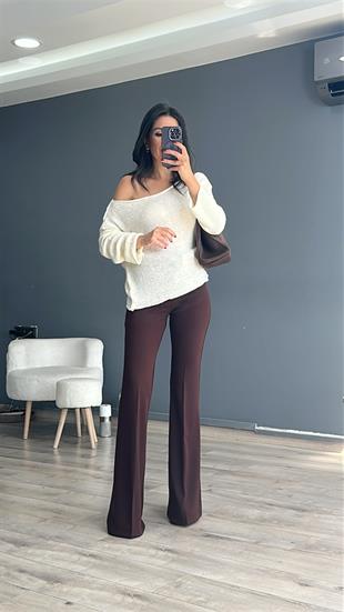 Kahve Tek Düğmeli İspanyol Paça Pantolon