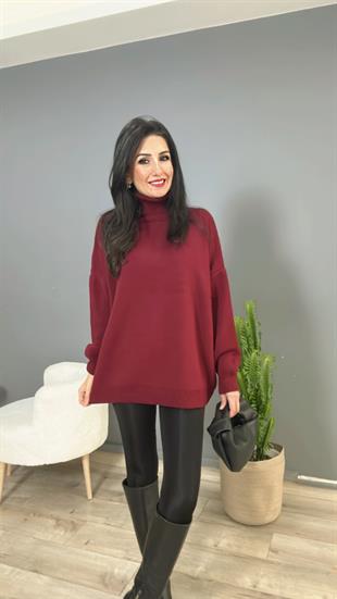 Bordo Balıkçı Yaka Triko Kazak