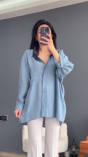 Gri Mavi Düşük Omuz Oversize Gömlek