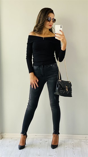 Siyah Lazer Paçalı Jean