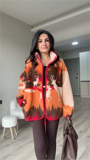 Turuncu Kahve Geyik Desenli Fermuarlı Polar Ceket