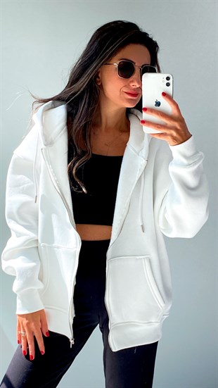 Ekru Fermuarlı Basic Sweatshirt