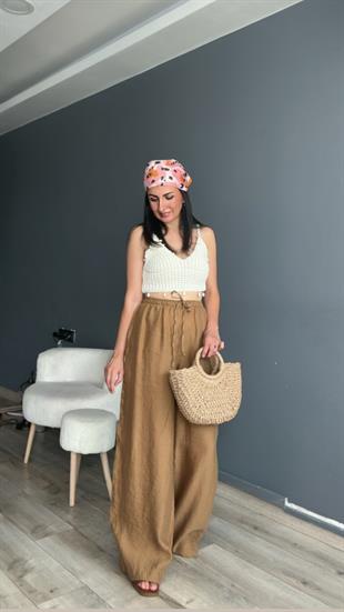 Taba Beli Lastikli İp bağlamalı Keten Pantolon
