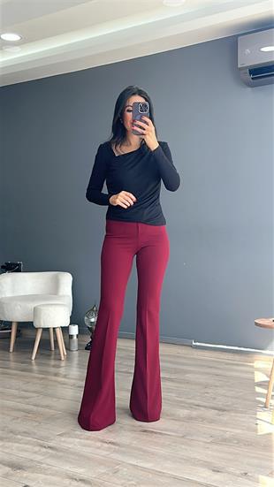 Bordo Tek Düğmeli İspanyol Paça Pantolon