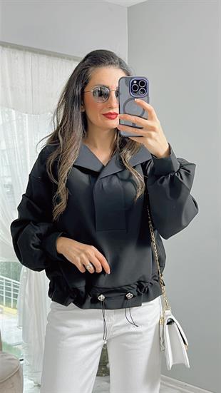 Siyah Gömlek Yaka Büzgü Detaylı Sweatshirt