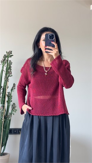 Bordo Kayık Yaka Ajurlu Triko Bluz