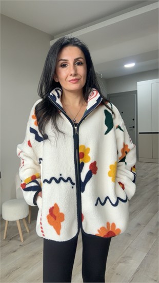 Ekru Çiçek Desenli Fermuarlı Polar Ceket