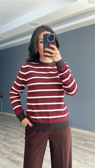 Bordo Üzeri Antrasit Ekru Çizgili Bisiklet Yaka Triko