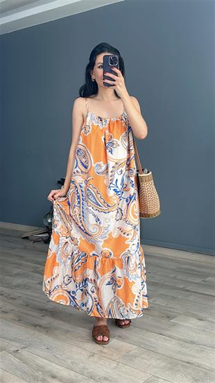 Orange Desenli Askılı Elbise