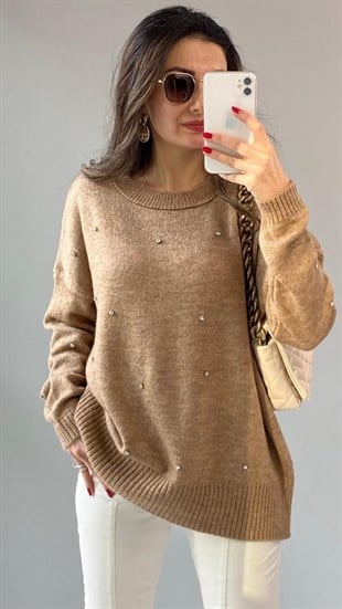 Camel Taşlı Triko Kazak