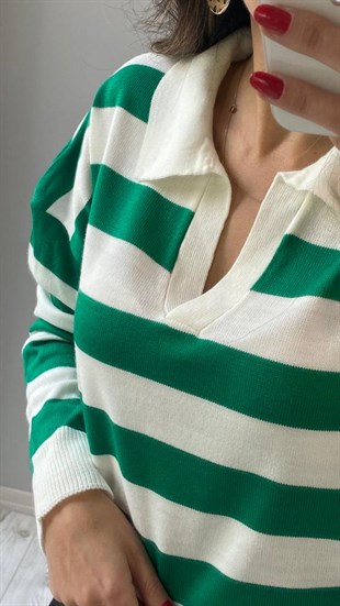 Ekru Yeşil Çizgili Polo Yaka Triko Kazak