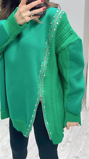 Yeşil Fermuarlı Taş Detaylı Model Tasarım Sweatshirt