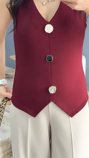 Bordo Farklı Düğme Detaylı Kolsuz Bluz