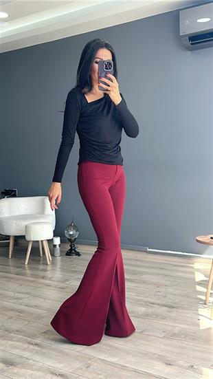 Bordo Tek Düğmeli İspanyol Paça Pantolon