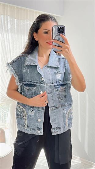 Denim Taşlı Yelek