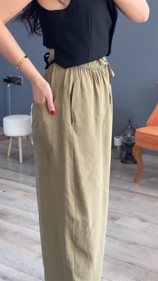 Haki Beli Lastikli Modal Şalvar Görünümlü Pantolon