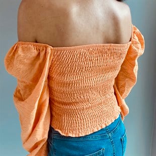Orange Vual Büzgülü Balon Kol Bluz