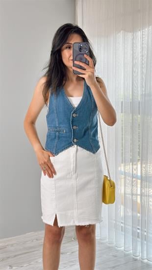 Mavi Cep Detaylı Denim Yelek