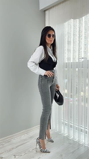 Beyaz Siyah Çizgili Garnili Crop Gömlek