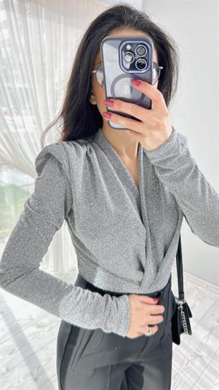 Gri Simli Vatkalı Bodysuit