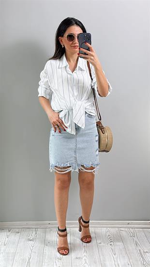 Mavi Denim Yırtık Detaylı Kot Etek