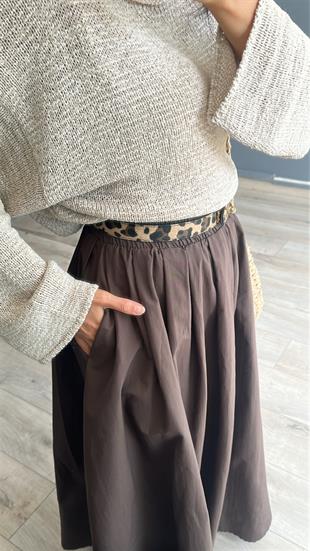 Kahve Bel Kısmı Pileli Beli Lastikli Maxi Boy Etek