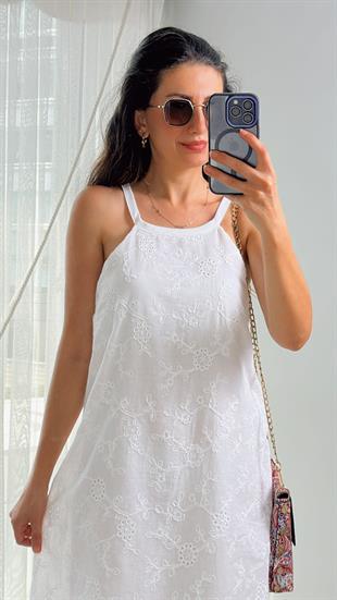 Ekru Halter Yaka A Kesim Fisto Elbise