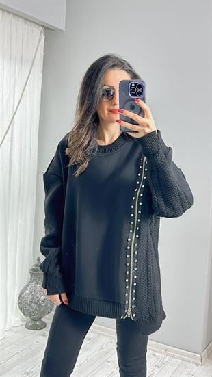 Siyah Fermuarlı Taş Detaylı Model Tasarım Sweatshirt