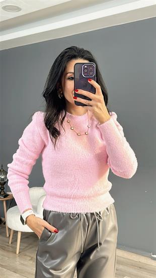 Pembe Bisiklet Yaka Yumoş Kazak