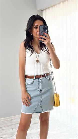 Mavi Önü Üçgen Parça Detaylı Yüksek Bel Denim Etek