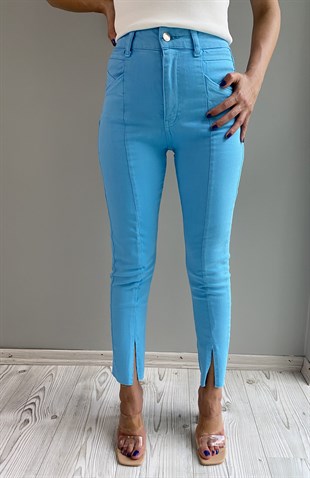 Mavi Gabardin Yırtmaçlı Pantolon