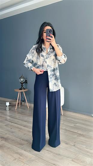 Lacivert Batik Baskılı Vual Gömlek